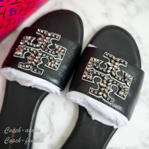 NIB Tory Burch Everly Embellished Crystal Logo Flat Slide Sandal Black Leather - Picture 4 of 9
